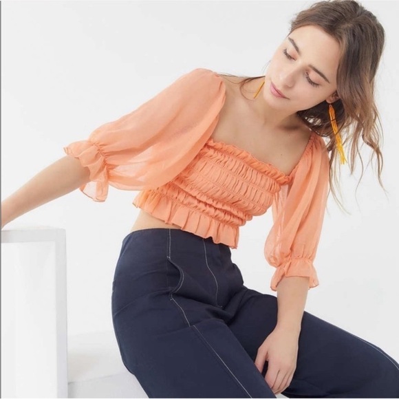 Urban Outfitters Sierra Smocked Sheer Puff Sleeve Crop Top M Peach Cottagecore - Picture 13 of 13